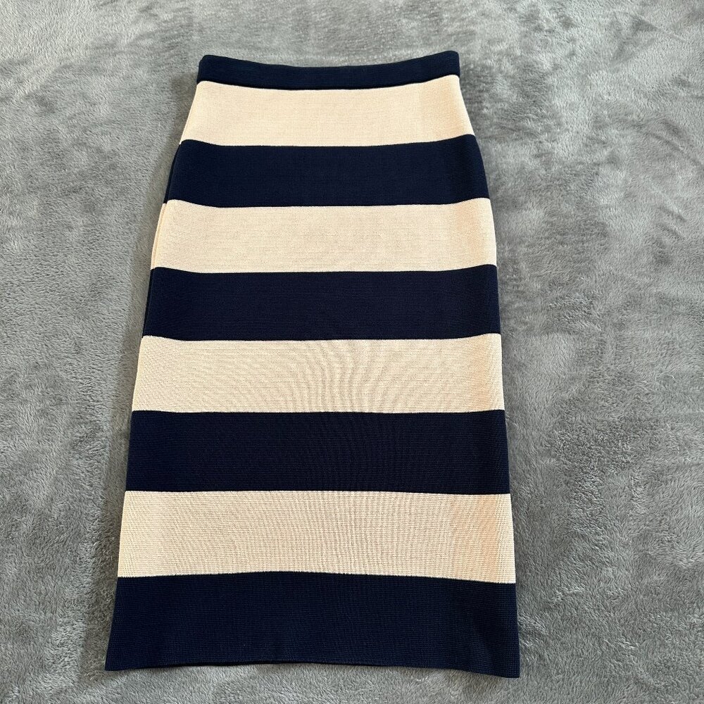 J. Crew Sweater Midi Skirt Rugby Stripe Women's SMALL Tan Navy Nautical coastal